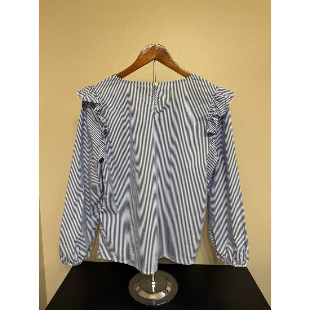 J.Crew Blouse Women’s Blue and White Stripe Ruffle Long Sleeve Cotton Shirt Sz M - Picture 3 of 10